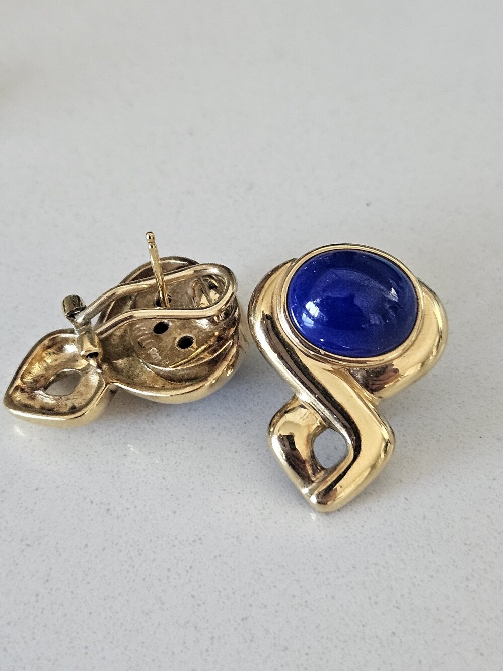 Vintage Designer Kylo Sterling Gold-Tone Omega Back Earrings Blue Cabochon
